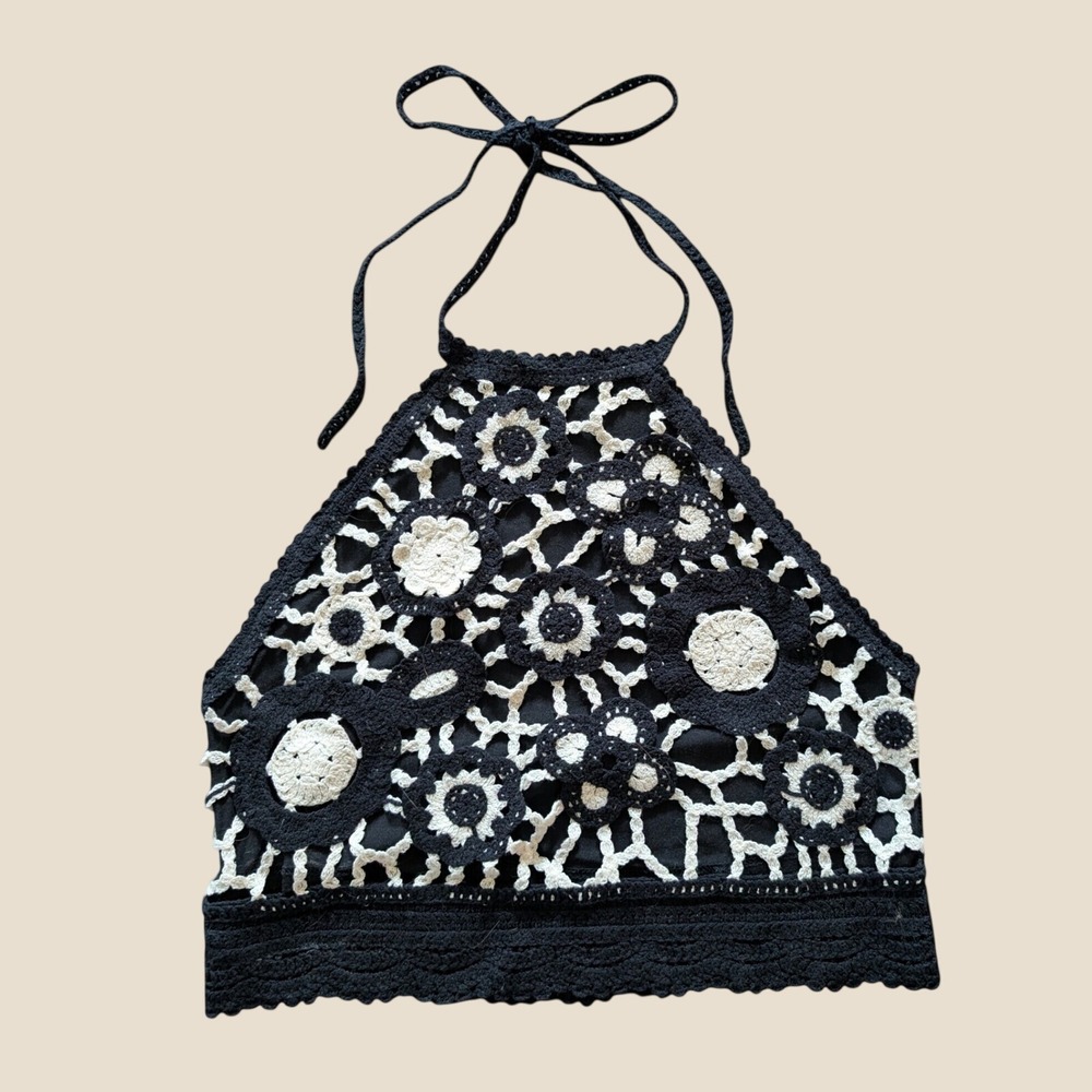 ZARA Crochet Floral Halter Top Black Cream 3D Flowers Tie Back NWT Medium